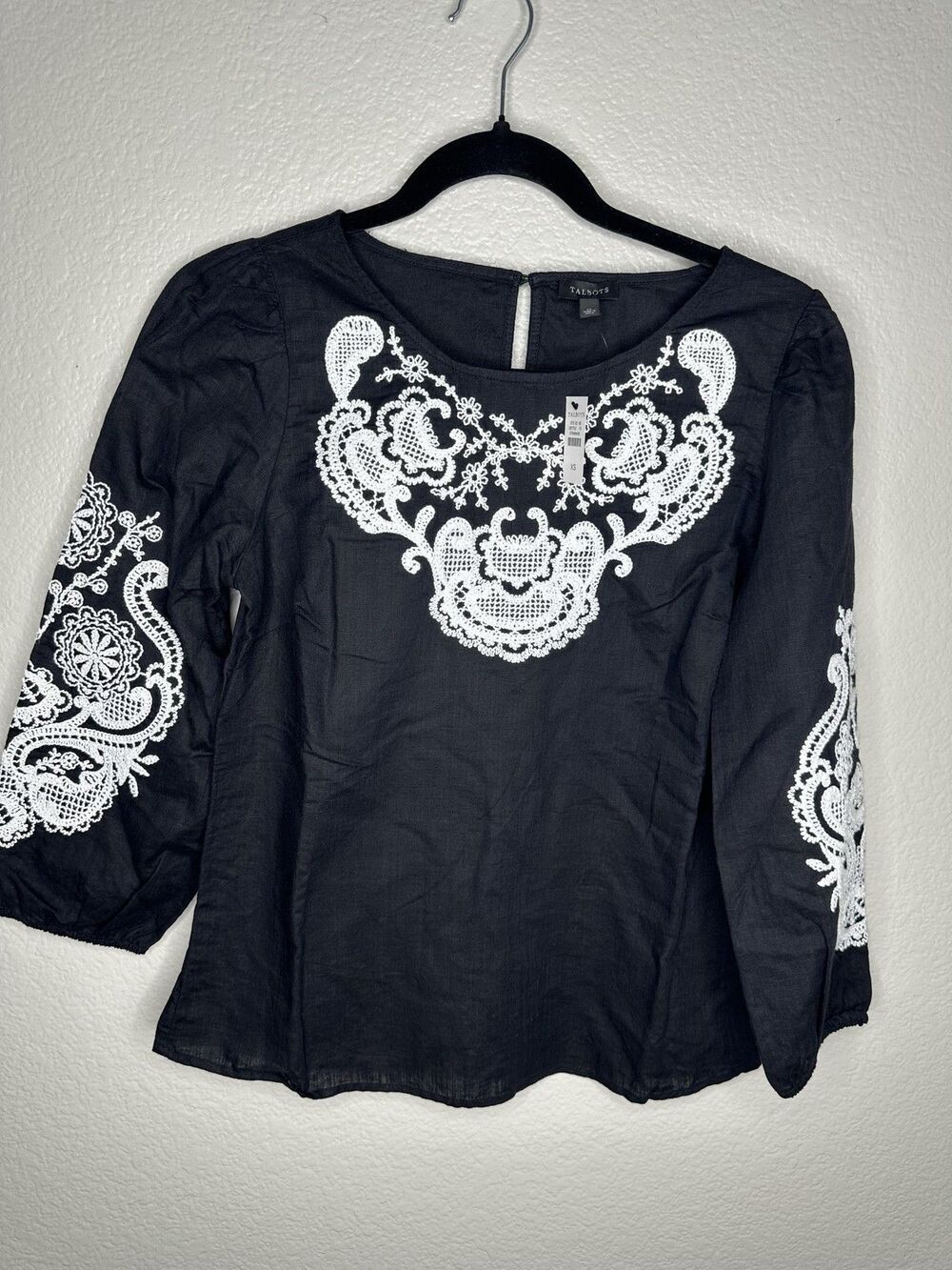 NEW Talbots Blouse Womens XS Black White Paisley Embroidered Linen Bohemian Top